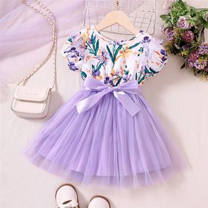 Ropa de bebé para niños Vestidos de moda para niñas Vestido de manga corta con estampado de flores de malla de gasa 2 colores disponibles al por mayor