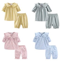 Baby Kids katoen pyjama sets lente zomermeisjes plaidstijl slaapkleding pakken schattige kraagtop en korte broek 2pcs homewear 220706