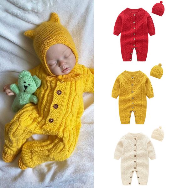 Bébé Enfants Designer Vêtements Infantile Col Rond Combinaison Tricoté À Manches Longues Bouton Cardigan Barboteuse + Chapeau Ensemble Nouveau-Né Vêtements barboteuse M427