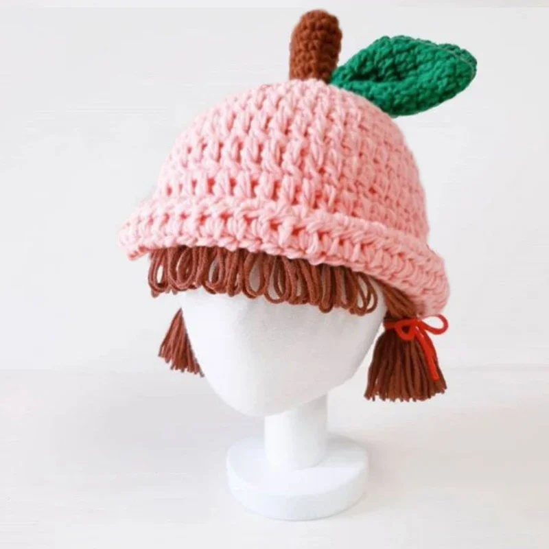 Baby Kids Knitted Wig Hat Handmade Toddler Children Apple Design Brades Woolen Kntting Caps Plaits Photo Props Headwear 1-5 Yrs