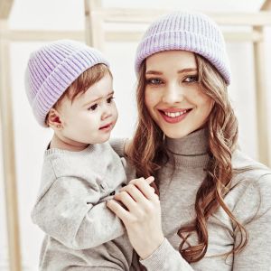 Bébé enfants mère tricoté chapeau 2 pièces/ensemble couleur unie tout-petits enfants chapeaux adultes bonnets casquettes ensemble