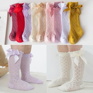 Baby Kids Ribbon Bows Princess Sock Fashion Girls Cotton Knitting Knie High Socks Spanje Style Kinderen Hollow Breathable benen Z7892