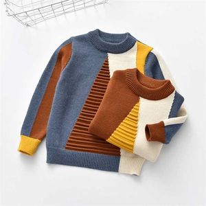 Baby kinderen t-shirt trui meisje geometrische driehoek rechthoek match stijl kleine jongen outfit O-hals gebreide kleding voor 2T-8T 211201