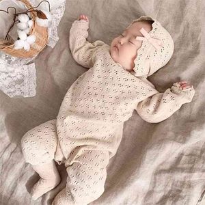 Baby gebreide lange mouwen rompertjes met been effen kleur meisje herfst winter kleding uit één stuk voor geboren 210619