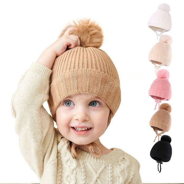 Baby tricoted pompe chapeau épais fille chaude garçon chapeau bonnet de bonnet de bonnet de bonnet de bonnet tonnelle