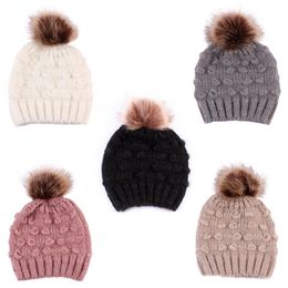 Baby Gebreide Wol Hoeden Faux Bont Bal Pompom Crochet Caps Winter Warm Zuigeling Kinderen Jongens Meisjes Muts Cap 5 Kleuren