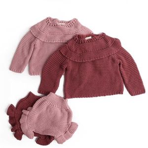 Baby breien kleding sets twee meisjes pak brei 0-2 jaar katoen lange mouw blouse + lotus blad shorts set 210429