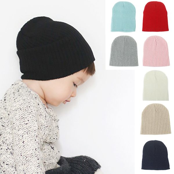 Bébé tricot chapeau automne et hiver couleur unie rayé laine tricoté chapeau chaud Crochet bonnet casquettes pour les enfants en bas âge garçons et filles M259F