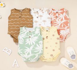 Baby Leaves Print Triangle Rompers Summer 2021 Kids Boutique Vêtements 012 NOUVEAU-BNAN TODDLERS COTTON Sans manches craws crawl4581109