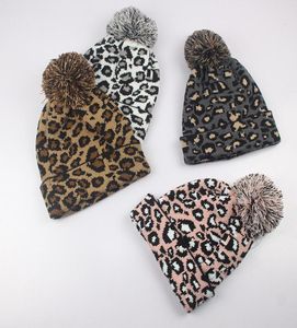 Bébé léopard bonnet tricoté mode fille hiver chaud grand Pompon chapeau enfants couleur unie bonnet casquette de Ski TTA131261310308