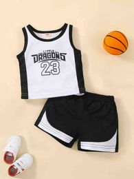 Baby Letter Graphic Two Tone Contrast Binding Tank Top Shorts SHE