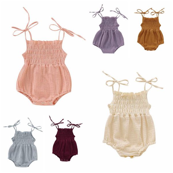 Bébé lin coton barboteuse été sans manches nouveau-né combinaison infantile fille couleur unie barboteuses enfant body grimpé vêtements CLS299-ZWL735