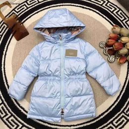 baby lange donsjas elastische taille ontwerp blauw kind winterkleding maat 2-14 cm geruite voering capuchon overjas voor meisje okt05