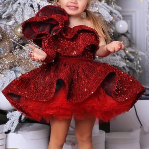 Bébé luxuriant fête d'anniversaire fleur filles robe 2023 élégant Puffy paillettes robes de soirée pour adolescentes fête robe pour mariage enfants Vestidos rouge