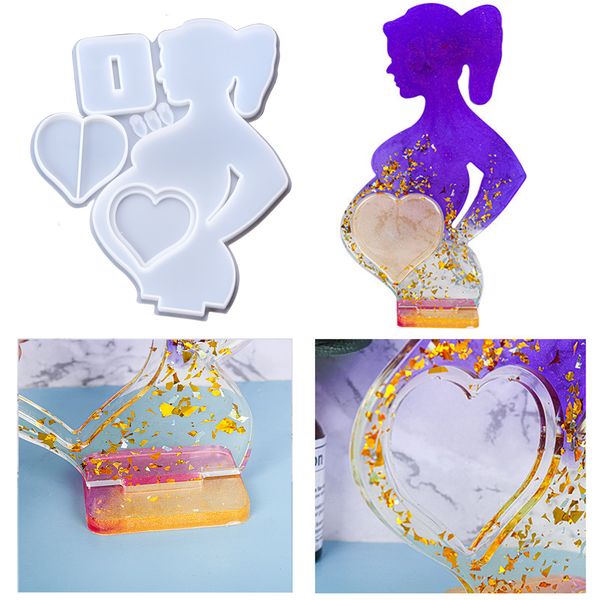 Baby Memorial Photo Frame Moules de silicone en forme de coeur Mom maman enceinte Moule de résine époxy pour bricolage Epoxy Resin Crafts Home Decoration