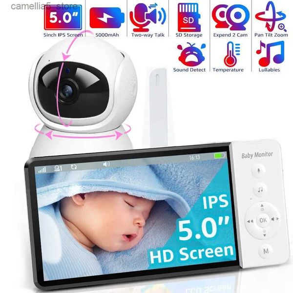Caméra de surveillance pour bébé Moniteur vidéo sans fil pour bébé avec écran IPS de 5,0 pouces avec batterie de 5000 mAh Caméra PTZ pour nounou Audio bidirectionnel VOX berceuse Enregistrement sur carte SD TF Q240308