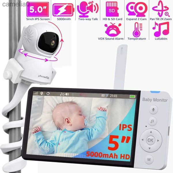 Bébé moniteurs Moniteur bébé à haute définition de 5 pouces avec caméra poche 4x Zoom 5000mAh Batterie longue de vie Écran IPS Écran PTZ Crib berceau avec standc240412