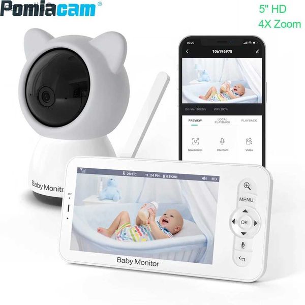 Bébé surnom de 5 pouces Écran haute définition Baby Monitor 4x Zoom 1080p Bidirectional Call Vision Température et Sound Alarm Feeding Rappel Baby5C240412