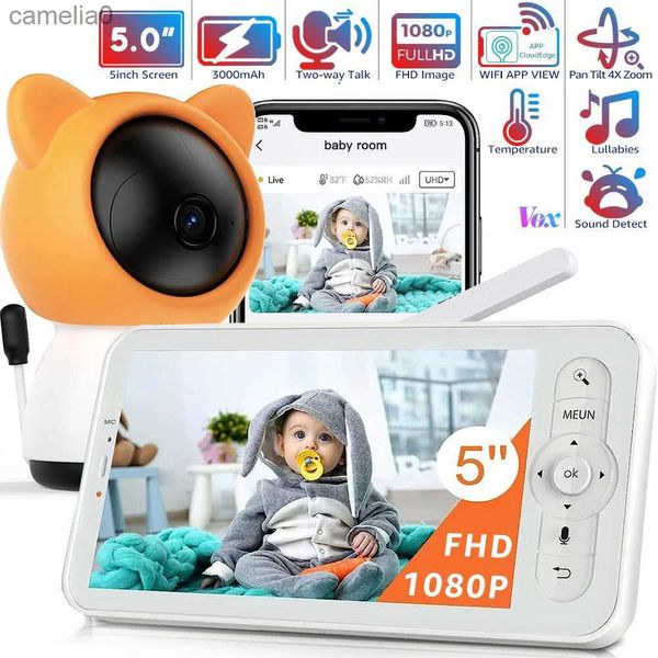 Monitores de bebé Monitor de bebé WiFi de 5 pulgadas con aplicación móvil 4x Zoom 1080p Visión nocturna Llamada de dos vías Electronic Baby Phone 3000MAH Batería TF Tarjeta StorageC240412