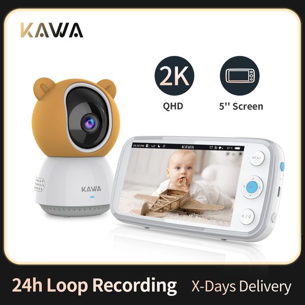 Moniteurs bébé KAWA 2K Baby Monitor avec caméras Audio Vidéo Nanny Caméra sans fil avec batterie 4000mAh Écran 5 pouces Carte TF Vision nocturne 360° 230701