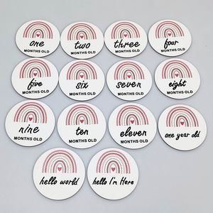 Tarjetas de hitos mensuales para bebés, 14 piezas, discos de madera redondos para manualidades de madera, accesorios para sesión de fotos con estampado de arcoíris para bebés, niñas y niños recién nacidos