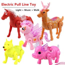Baby Music Sound Toys Electric Push Line Animal Toy Unicornio Caballo Cerdo y perro con música ligera Tracción de la cuerda Animal para Chi 231218