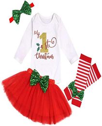 Baby My 1st Christmas Autfit Clothing Little Girl Bodysuit Tutu Falda Legging con diadema Otoño Invierno Girls Set6822041