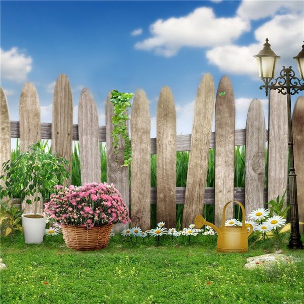 Bebé Recién Nacido Fotografía Fondo Cielo Azul Valla De Madera Pastizales Verdes Jardín Flores Niños Niños Al Aire Libre Escénico Sesión De Fotos Telones De Fondo