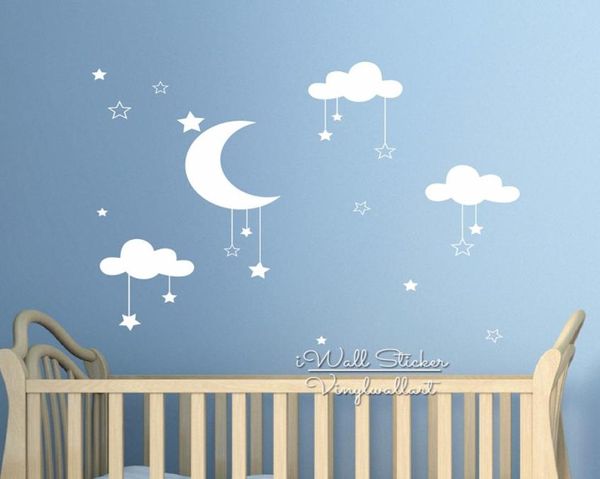 Pegatina de pared de estrellas para guardería de bebé, calcomanías de pared de nubes y Luna, decoración para habitación de niños, arte de pared fácil, vinilo cortado para niños 3755382