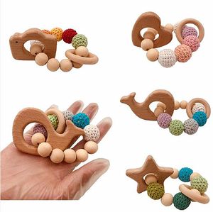 Baby Nursing Bracelets Wooden Teether Crochet Chew Beads Teething Wood Cartoon Animal Rattles Toys Teether Montessori Bracelets