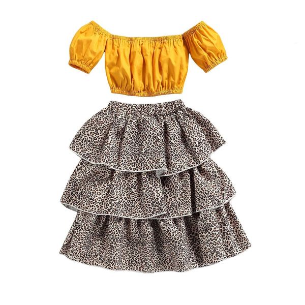 Bébé à épaule à épaule manches courtes + jupe gâteau, imprimé léopard taille élastique taille multicouche décoration à volants Vêtements d'été 2-7T Q0716