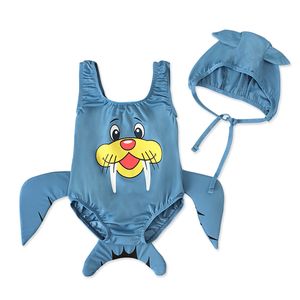 Traje de baño de una pieza para bebé, chaleco con patrón de sello, mameluco + sombreros, 2 unids/set, trajes de baño con delfines, Bikini de playa para niños, traje de baño para deportes acuáticos de verano M1438