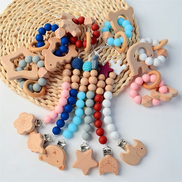 Clip para chupete de bebé Mordedor de madera Cuentas de silicona Pulsera Niño Infantil Animal Dinosaurio Estrella Flor Elefante Clips para pezones Titulares 289 H1