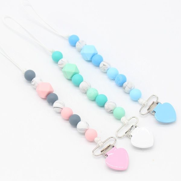 Porte-sucette bébé Clips coeur couleur bonbon Silicone perle sucettes mamelon Anti-chute chaîne nouveau-né apaiser jouet