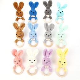 Baby Pacifiers Crochet Animal Natural Wooden Teething Food Grade Soother Newborn Teeth Practice Toys Kids Chew Toy Infant Feeding Bunny Rabbit teether