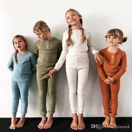 Baby Pyjama's Kinderen Girls Kleding Boy Solid SleepSuit Lange mouw Tops Broek Outfits Meisje Slaapmacht