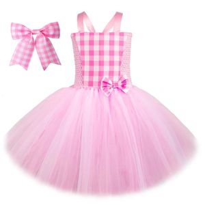 Baby Pink Barbi Tutus jurken voor meisjes verjaardagsfeestjes kostuums kinderen kerst Halloween -outfits prinses plaid kleren met boog 240429