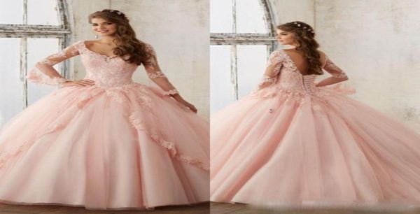 Baby Pink Blue Quinceanera Vestidos 2017 Vestidos de bolas Vneck Manga de Vneck Vneck