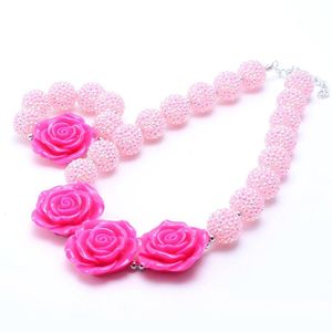 Ensemble de collier et bracelet épais de couleur rose pour bébé, perles avec nœud à la mode, ensemble de bijoux pour enfants filles, Bubblegum