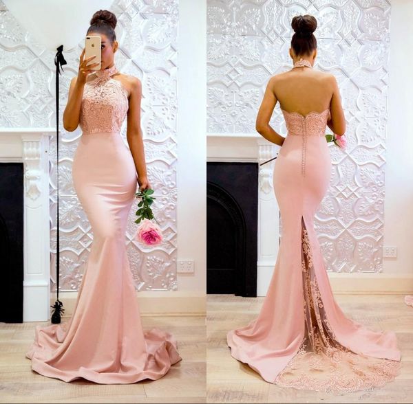 Baby Pink Mermaid Prom Dresses Long Halter Neck Lace Vestidos de fiesta de noche Sweep Train Backless Vestido de dama de honor Vestidos de mujer