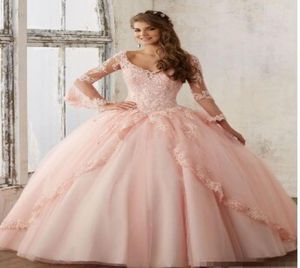 Robes de quinceanera rose baby en dentelle à manches longues vneck robes à balle appliquée sweet 16 princesse concours robe pour filles2935056