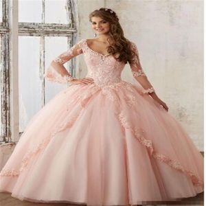 Baby Roze Quinceanera Jurken Kant Lange Mouwen V-hals Geappliceerd Baljurken Sweet 16 Prinses Pageant Jurk Voor Meisjes2022