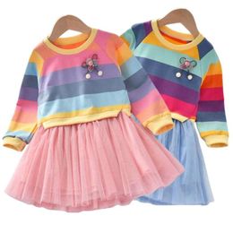 Baby Princess Autumn Sweater Fleece Gauze Tutu Jurken Kinder kleding Lange Mouw Rainbow Stripes Dress For Girls L2405