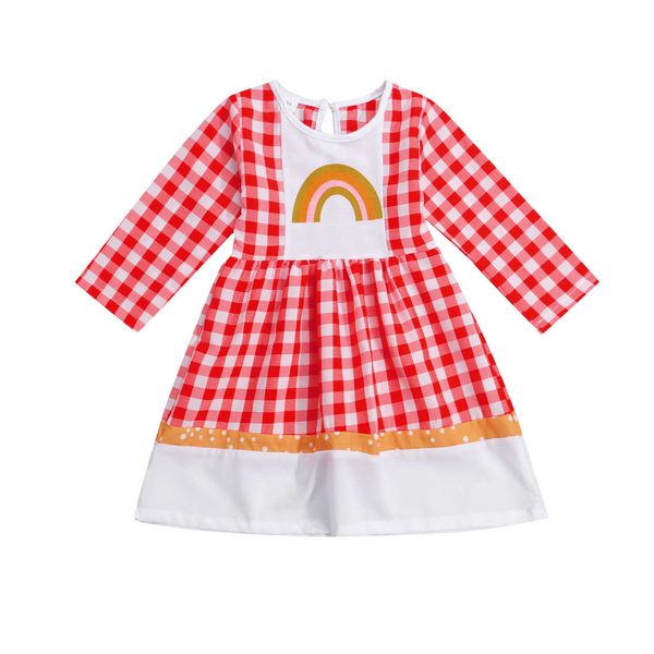 Robe à manches longues de bébé princesse avec motif arc-en-ciel à carreaux Version à la taille haute Vêtements de printemps Q0716