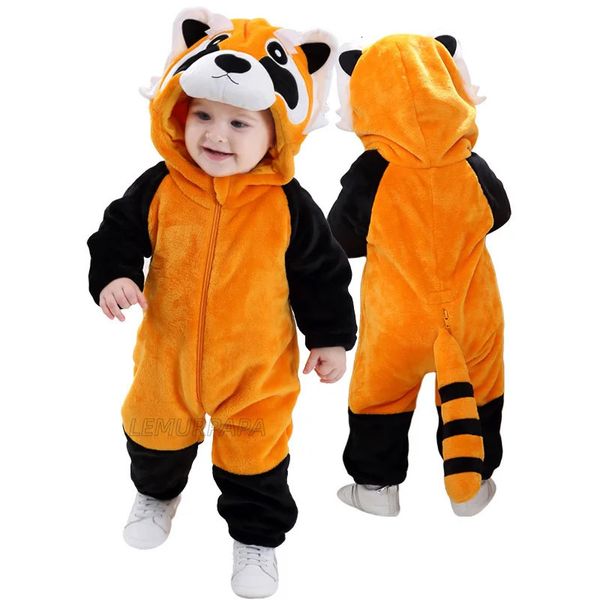 Bébé raton laveur barboteuses Onesies enfants Halloween Costume tenue enfant en bas âge garçon fille vêtements d'hiver flanelle mignon Animal Kigurumis 240119