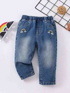 Baby Rainbow Geborduurde Bleach Wash Jeans Zij