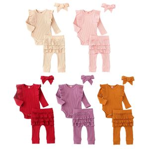 Baby Geribbelde Kleding Set Gevorderde Lange Mouw Romper Skirtpants Bow Hoofbands 3pcs / Set Peuter Outfits M3961