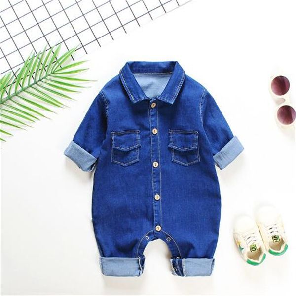 Barboteuse bébé 2022 printemps automne nouvelle combinaison de cowboy à manches longues à revers simple boutonnage belle marée 3-6 mois garçons Denim vêtements une pièce