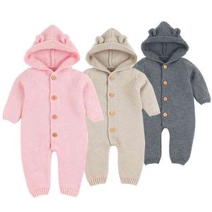 Bébé barboteuse 3D dessin animé ours tricoté filles né drôle combinaisons Onesie mode à capuche à manches longues enfant en bas âge salopette pour enfants 210417