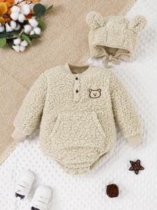 Barboteuse pour bébé, tenue 2 pièces, bonnet, automne-hiver, mignon, chaud et confortable, motif ours moelleux abricot, 231220